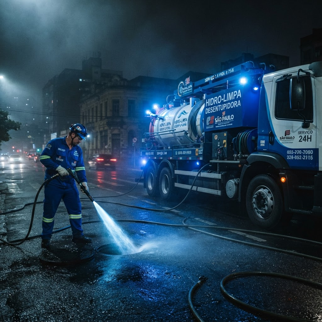 Caminhão hidrojato da Atlas Desentupidora com técnico uniformizado em atendimento noturno